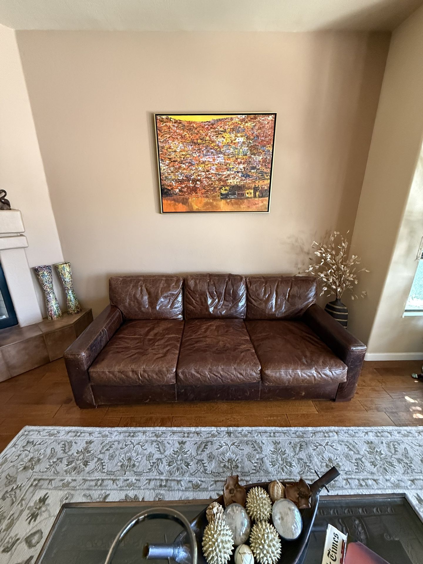RESTORATION HARDWARE LEATHER THREE SEAT CUSHION SOFA