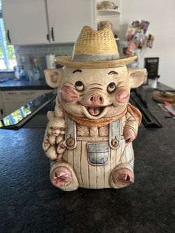 Vintage farmer pig cookie jar