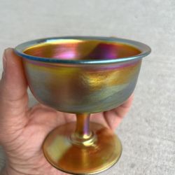 Antique L.C.T. Tiffany Favrile Glass Sherbet / Compote Bowl – Iridescent Gold – Signed