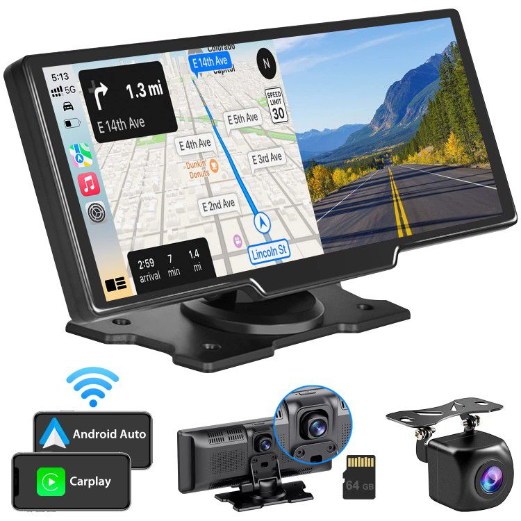 Portable apple carplay android auto car radio with dash cam and rear camera