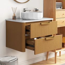 30 Inch Wall-Mounted Bathroom Vanity With Engineered Stone Top And Ceramic Sink