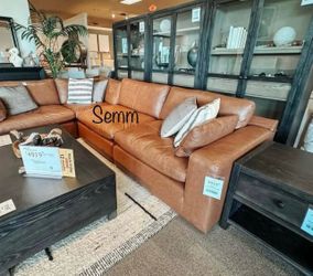 EMILIA 5-PIECE CARAMEL LEATHER SECTIONAL 🌷 Same Day Delivery 🌷$39 down payment