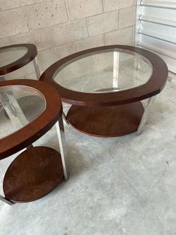 SET OF 3 AMERICAN GLASS & WOOD COFFEE/(2)END TABLES