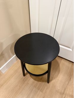 Storied Home Round Metal Accent Table with Tray Style Top and Handwoven Bamboo Storage Shelf Black/Natural