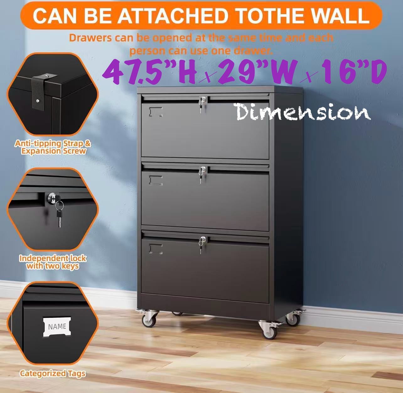 🥨3 Drawers Lateral File Cabinet with Key on Wheels,Steel Office Filing Storage Cabinet with 3 Locks,Black,  47.5”H×29”W×16”D,