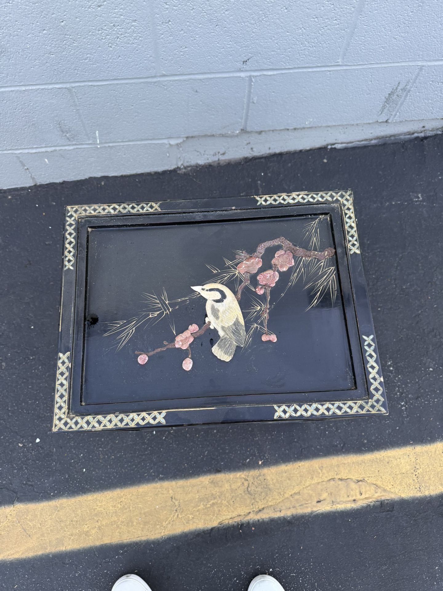 Antique Chinese table painted black lacquer furniture bird flower