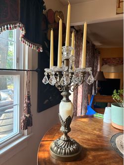 Large Vintage 5-Arm Crystal & Brass Candelabra with Onyx/Alabaster Base