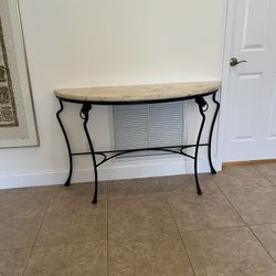Console/ Entry Table  Beige Stone Top/ Wrought Iron Legs 52” X18 Deep 32” High Great Condition