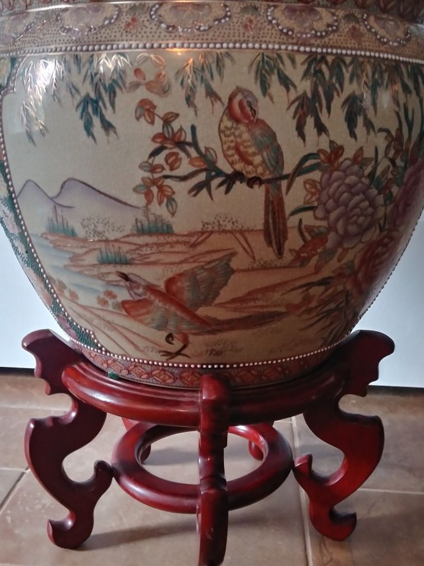Vintage Large Oriental Hand Painted Porcelain Pot Birds Floral Design Goldfish