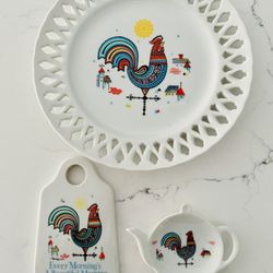 Set of 3 Vintage Berggren Rooster Beautiful Morning Fine Porcelain China Decor lot.