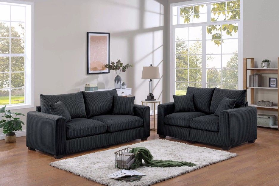 Brand New Black Corduroy Sofa & Loveseat