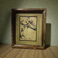 Mid Century Chinese Painting Signed Bird Bamboo Distrssed Wood Vintage
