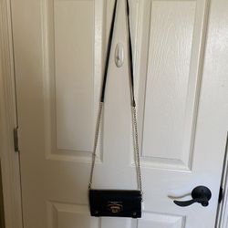All Black Leather Bessie Clutch/Purse with Long Gold Chain