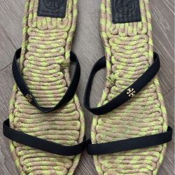 Tory Burch Two Band Flat Espadrille Slide Navy Green Leather Sandals Size 10 