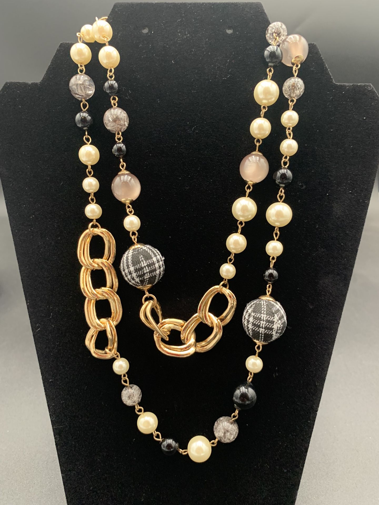 Faux Pearl With Clear, Smoky, And Clothe Covered Beads Necklace