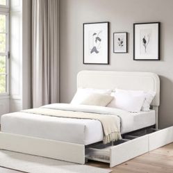 PPEUS006B751 Queen Size Boucle Upholstered Platform Bed Frame, with 4 Drawers Storage, Curved Stitched Tufted Headboard, Wooden Slat Mattress Support,