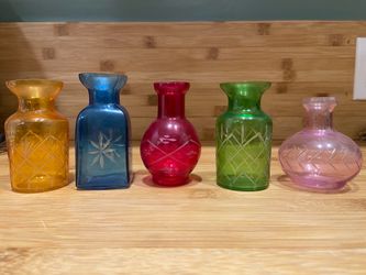 Mini Colorful Etched Glass Vases - Set of 5