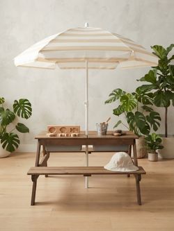 Kids Wooden Picnic Table with Umbrella and Sensory Bin