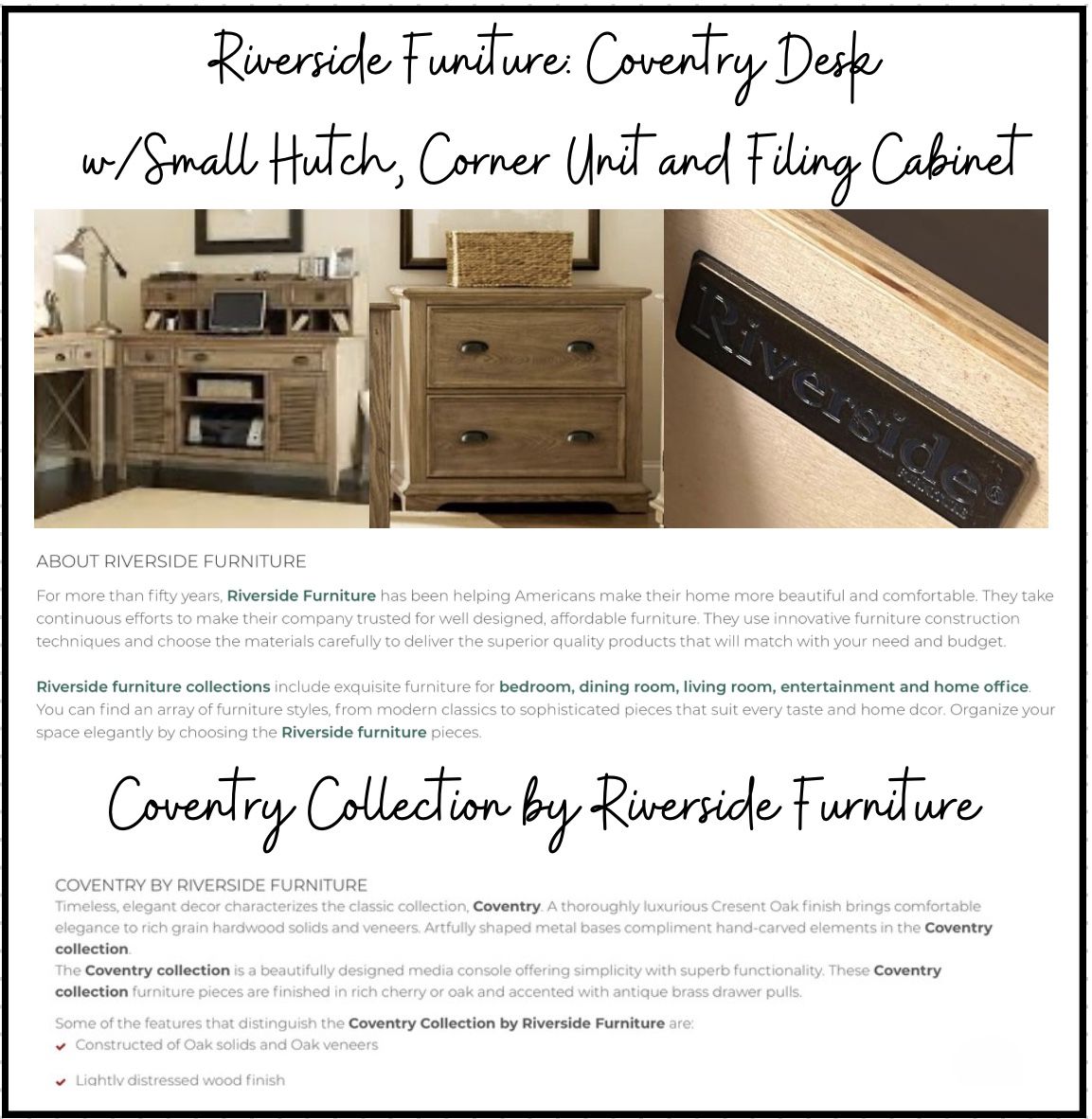 Riverside Furniture Coventry Desk w/ Small Hutch, Corner Unit, & Filing Cabinet 