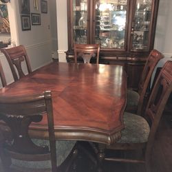 Dining table, w/6 chairs, 2 pc lighted china closet w/adjustable glass shelves,buffet w/wine rack *CASH SALE