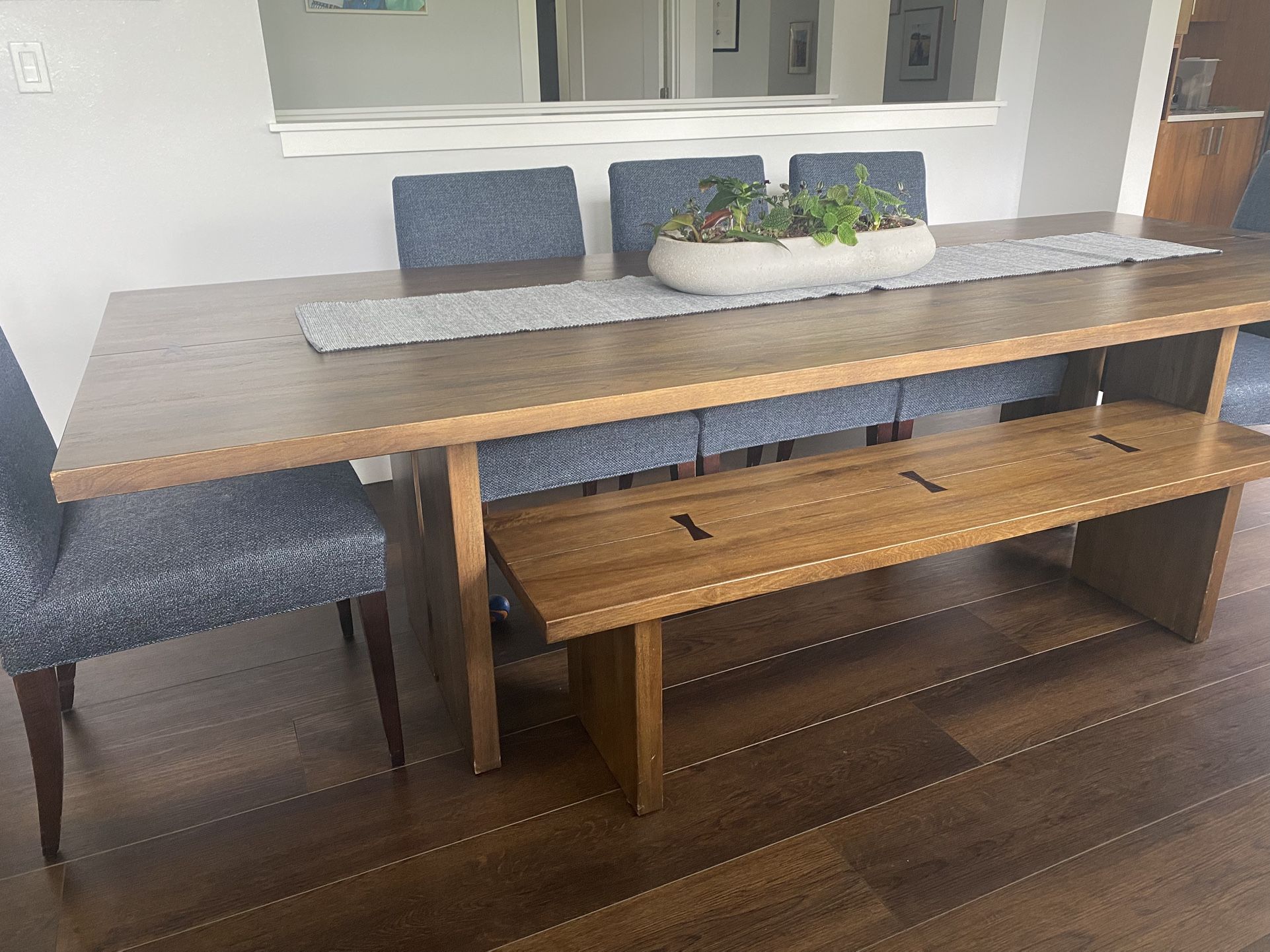 crate and barrel table,chairs, and bench