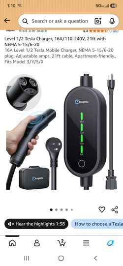 Level 1/2 Tesla Charger, 16A/110-240V, 21ft with NEMA 5-15/6-20
16A Level 1/2 Tesla Mobile Charger, NEMA 5-15/6-20 plug. Adjustable amps, 21ft cable, 