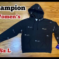 Champion Womens Reverse Weave Hoodie Black Script, Logo Sz Large New! 