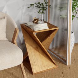 Rustic Farmhouse Geometric Style End Table with Twisted X Base, Modern Square Accent Side Table for Living Room, Bedroom, or Office, Brown