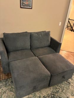 Blue-gray couch with ottomans and built-in storage in EXCELLENT condition