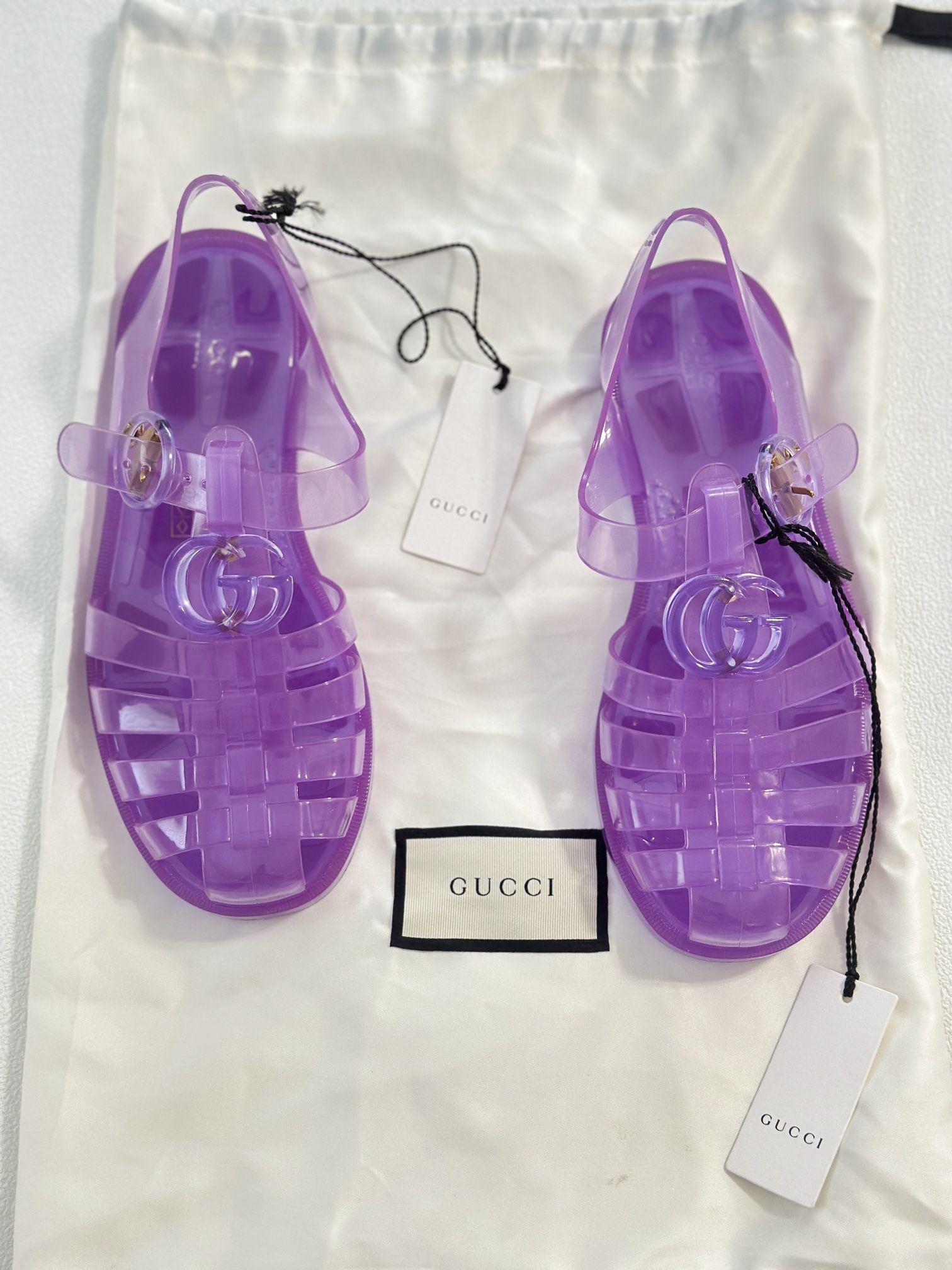 NWOT Gucci GG Jelly Slingback Shiny Rubber Sandals Flat Prurple Shoes
