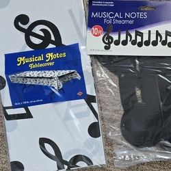 Music musical notes party supplies decorations - table cover, hanging whirls, foil streamer bundle pack