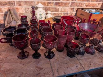 Vintage Avon Cape Cod Ruby Red Glass Lot Decanter Cruet Goblets Bell Set 1876