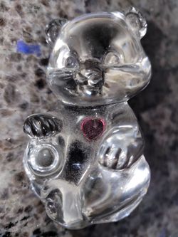 Vintage Fenton Bear Figurine Clear Art Glass Pink Heart October 1980s Birthstone