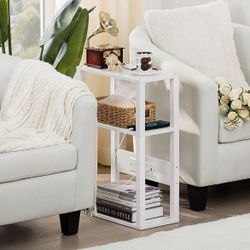 3-Tier Small Narrow Wood Side Table with Charging Station, Skinny Nightstand for Small Space, Slim Bedside Table with Storage for Couch, Thin End Tabl