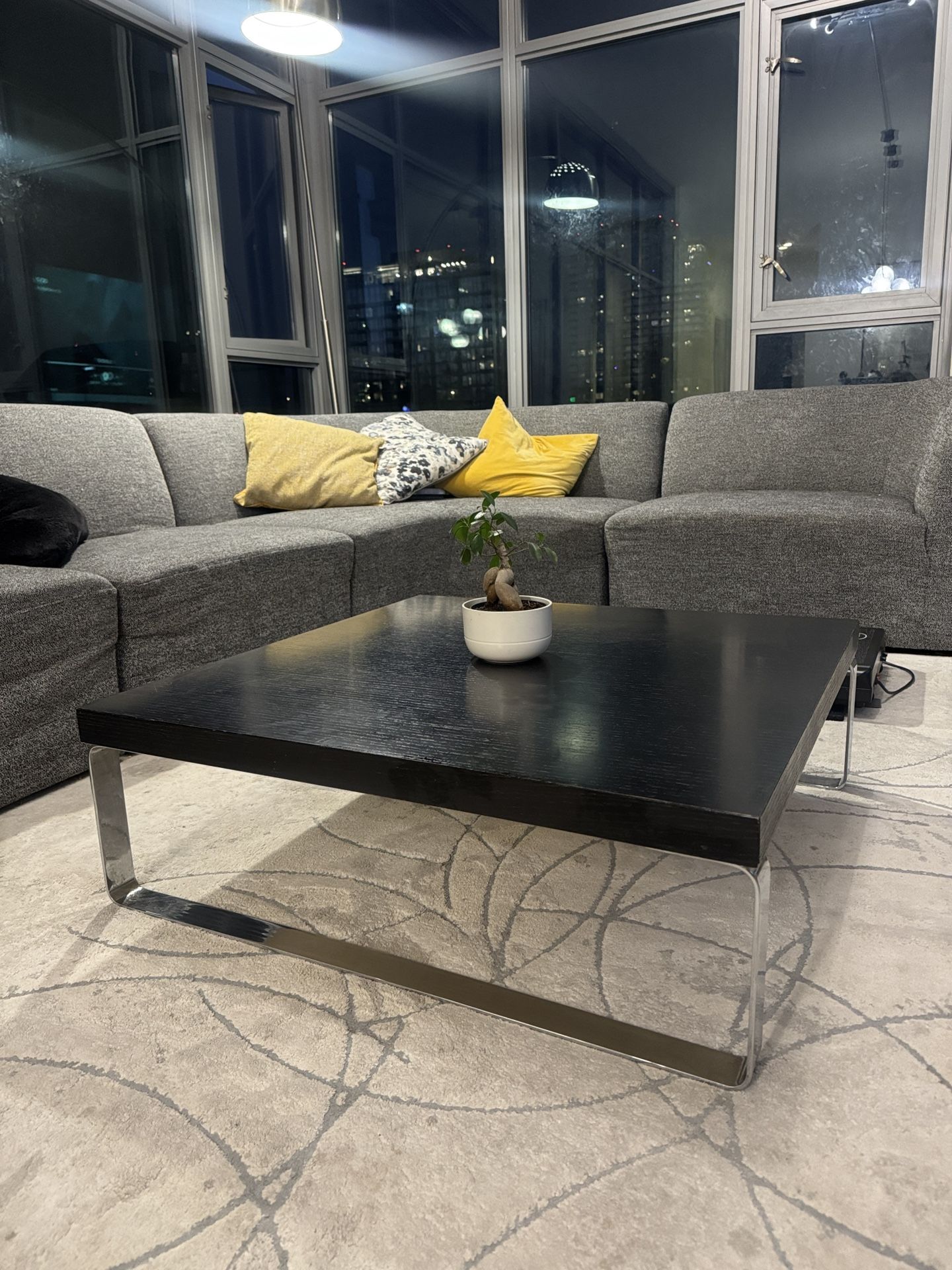 Modern Low Profile Square Coffee Table – Black Wood & Metal – 36”x36”x12”