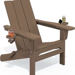 Modern Adirondack Chair, Folding Adirondack Chair with Cup Holders, Outdoor HDPE Fire Pit Chair for All Weather Use, Brown