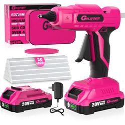 Pink Cordless Glue Gun, 20V Fast Preheating Anti-drip Glue Gun, 2.0Ah Rechargeable Battery & 20 Pcs Premium Full-Size Glue Stick Kit, Automatic-Power-