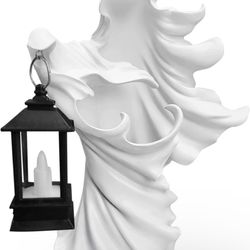 Ghost Statue Decoration Scary Hell Messenger with LED Lantern Resin Statue Cracker Barrel Ghost for Home Room Desk Garden Yard Outdoor Decor (White)