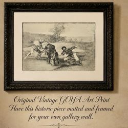 SPANIARDS HUNTED BULLS ON FOOT Original Antique Vintage Fine Art GOYA Print 60’s of Etching Spain Printed Collectible Ephemera HILLCREST