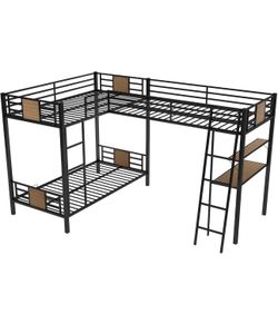 USED L-Shaped Twin Over Twin Metal Triple Bunk Bed with Twin Size Loft Bed, Desk and Shelf