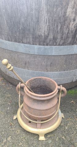 Antique Cast Iron Smudge Cauldrin Pot Fire Starter With Brass Base and Wand