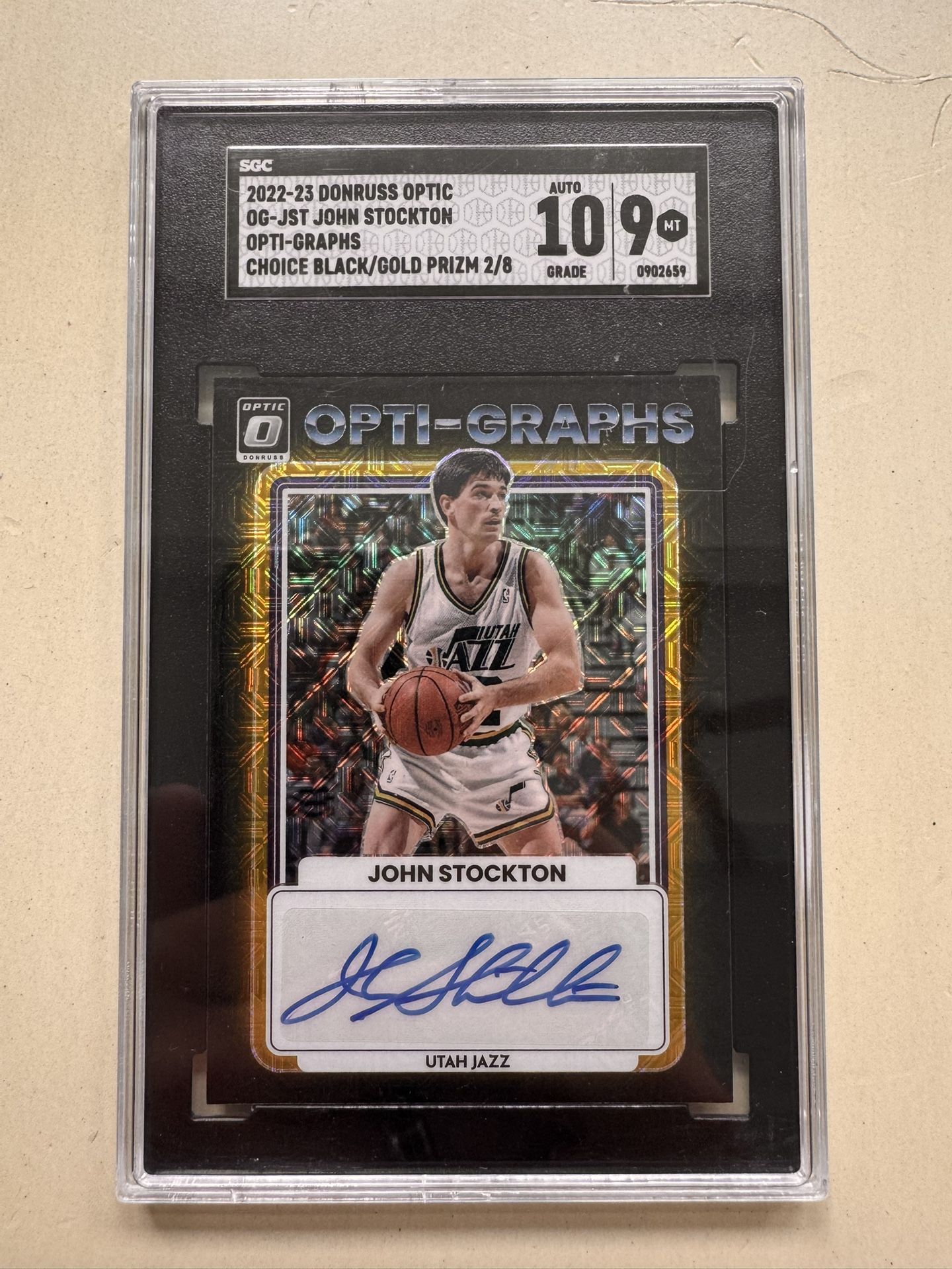 2022 Donruss Optic John Stockton Opti-Graphs Choice Black/Gold Auto /8 SGC 9/10