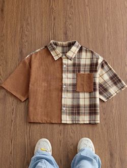 Patchwork Corduroy Plaid Cropped Button-Up Shirt