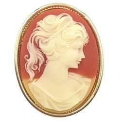 Cameo Brooch Pendant Locker Gold Tone woman facing right orange shell 