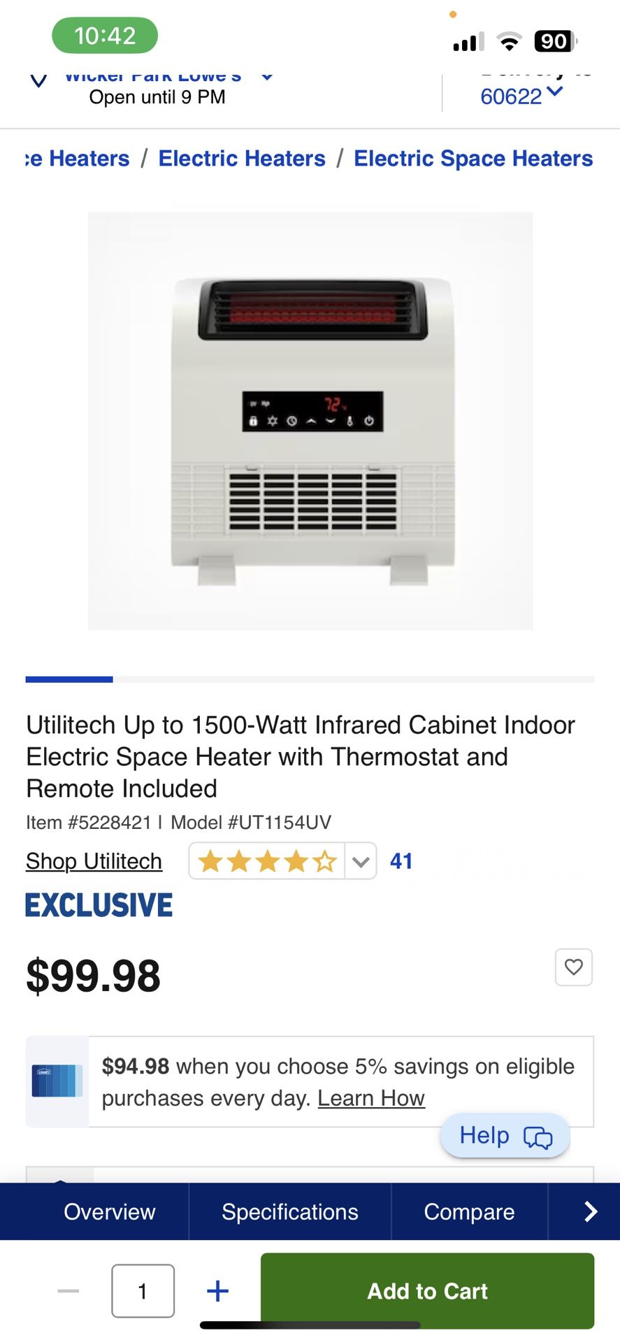 Utilitech Up to 1500-Watt Infrared Cabinet Indoor Electric Space Heater with Thermostat and Remote Included