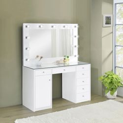 Acena 7-drawer Glass Top Vanity Desk with Lighting White🤑 Free Financing 🛒 Apply Now 