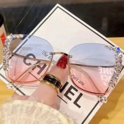 ☮️ New! Oversized Pink & Blue Rimless Square Gradient Lenses Sunglasses w Rhinestones