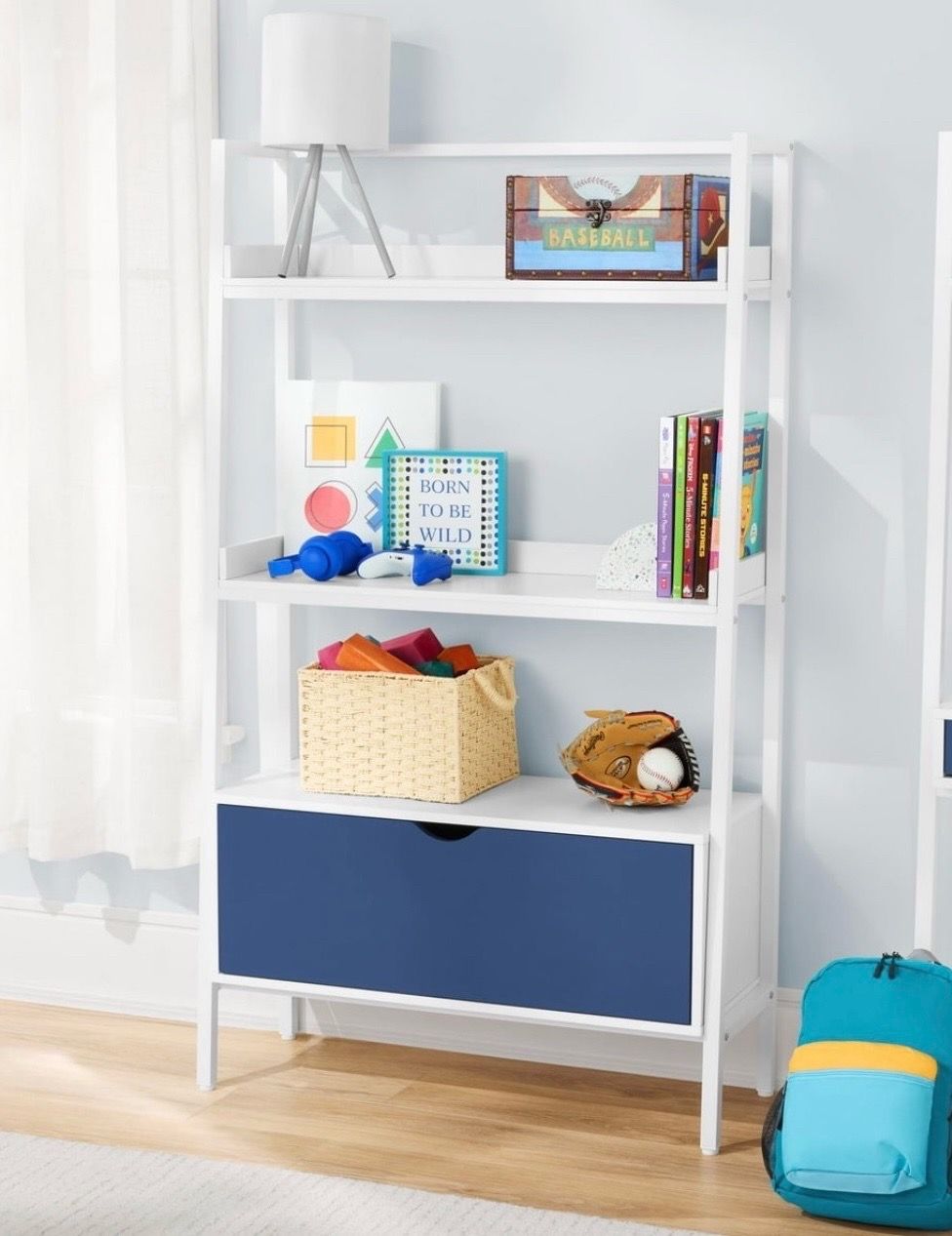 BYO Kids Ladder Bookcase with Drawer, Navy Blue/White.