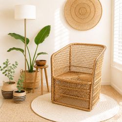 Mid Century Natural Bamboo Woven Rattan Wicker Chair Single (1) Boho Peacock Style Accent Decor Statement Chair