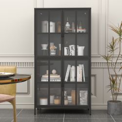 Premium Black Metal Storage Cabinet with Tempered Glass Doors, Adjustable Shelves, Anti-Tipping Device, Magnetic Silent Closure, and Adjustable Feet f